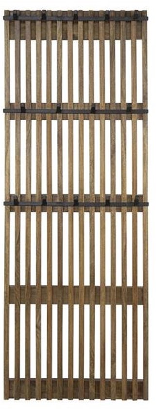Een staande houten wandkapstok met zwarte haken.