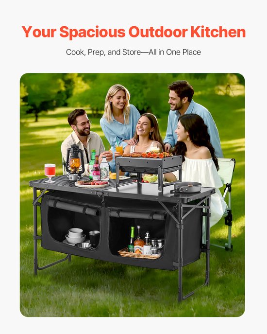 Camping Keukentafel, Opvouwbare Outdoor Kooktafel - 3-Voudig in Hoogte Verstelbaar, Draagbaar Aluminium Kookstation met Opbergruimte en Draaggreep, Geschikt voor Barbecues, Picknicks en Reizen met een Camper, Zwart van Camping — afbeelding 5