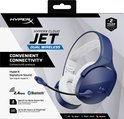 Verpakking van de HyperX Cloud Jet Dual Wireless headset in het blauw, met zichtbare headset en kenmerken.