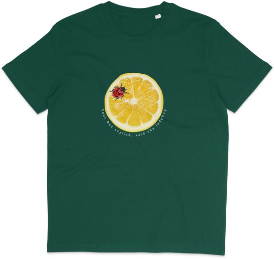 Groen T Shirt Dames en Heren - Grappige Citroen Lieveheersbeestje Print en Tekst - Biologisch Katoen