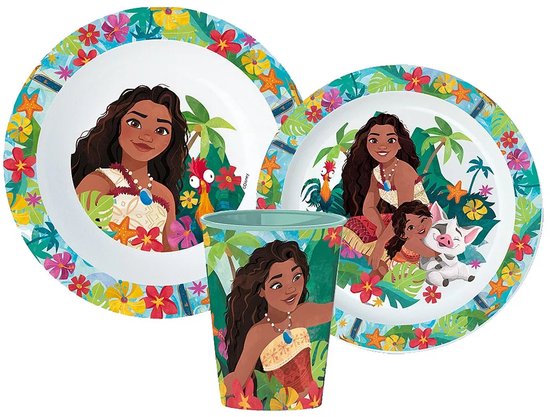 Vaisselle Disney Vaiana Lagoon, ensemble en micro plastique, avec verre 260 ml, vaisselle Vaiana , ensemble petit-déjeuner vaiana, Vaiana,