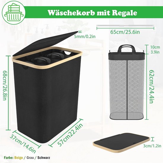 Wasmand Met Deksel VANCHEMO 3 Vakken – Opvouwbaar, 140 Liter, Grijs, Met Afneembare Zakken Voor Was Sorteren Oxford Stof En Bamboeframe
