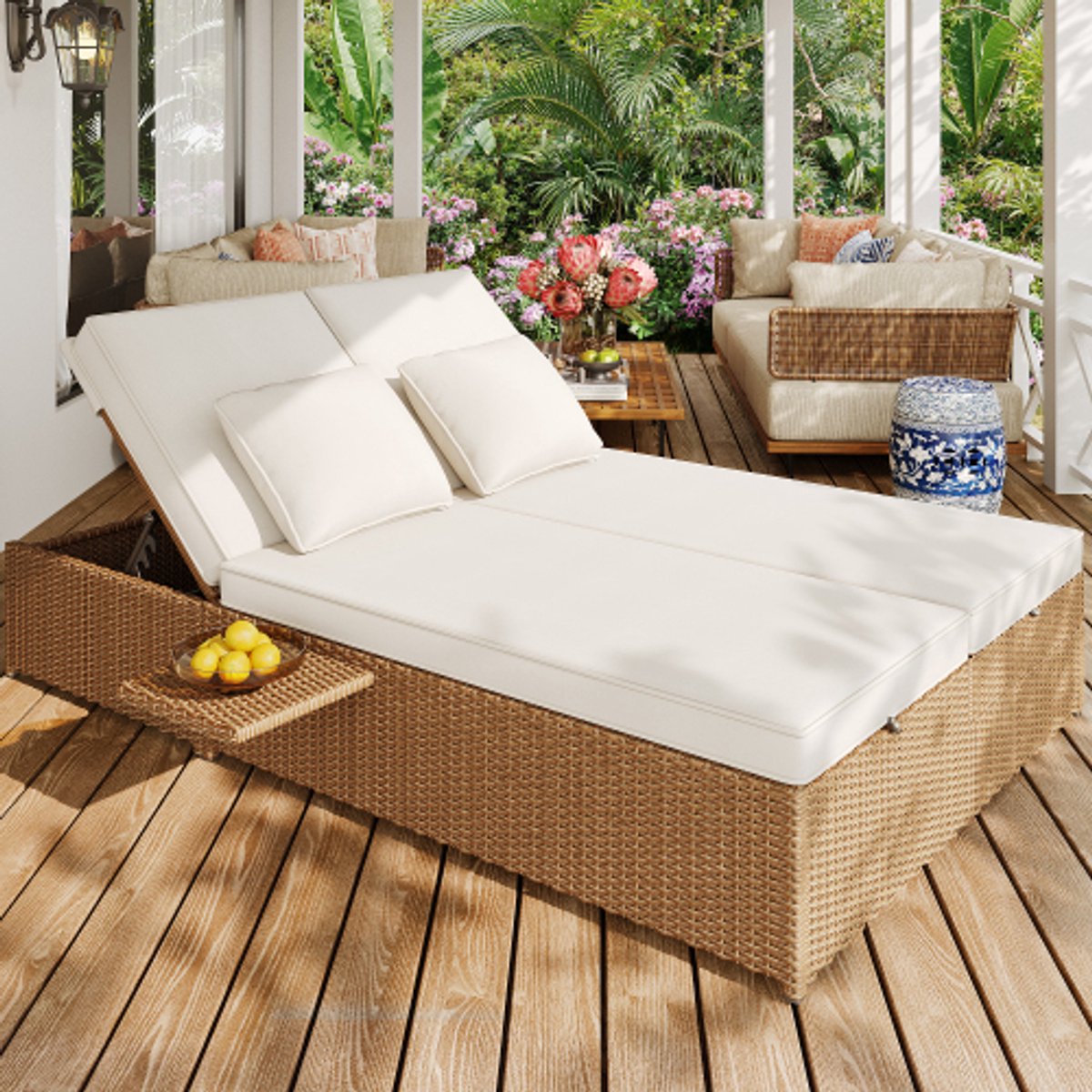 Ligstoel voor buiten, tweepersoons rotan ligbed met kussens, opvouwbaar, wit.