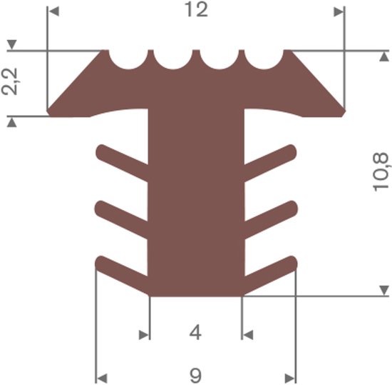 Bruine antislip trapprofiel met ribbels aan de bovenkant en flensjes aan de onderkant. Afmetingen: 12mm breed, 10,8mm hoog.