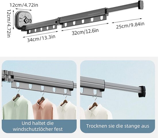 Opvouwbaar droogrek voor aan de muur - Met haken en hangers - Max 50 kg