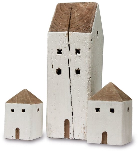 LOBERON Decoratie huisjes set van 3 Lormont wit/bruin