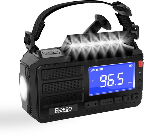 Elesso Noodradio - Solar Opwindbaar 10.000 mah - Solar Powerbank Zonneenergie - Draagbare Radio op batterijen - Zaklamp led oplaadbaar - Survival Noodpakket - Zwart