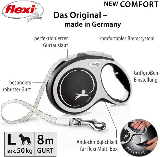 Laisse enrouleur Flexi New Comfort, noir et gris, avec étiquette 'Made in Germany'. Taille L, sangle 8m.