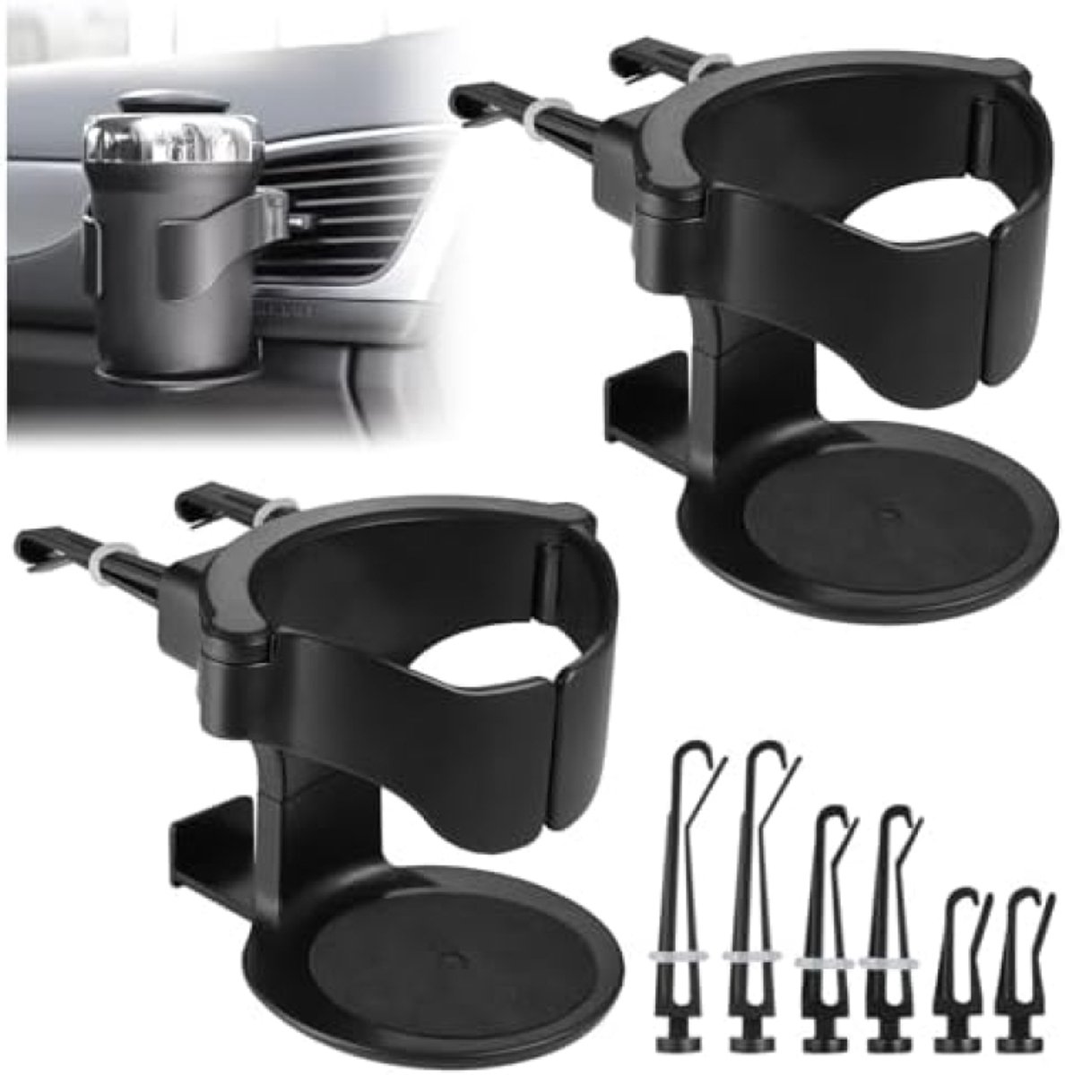 PolkaHome Auto Bekerhouder, 2 Stuks Verstelbare Bekerhouder voor in de Auto met 3 paar Clips, Universele Houder voor Fles, Blikjes, Koffiemok en Waterfles - Zwart