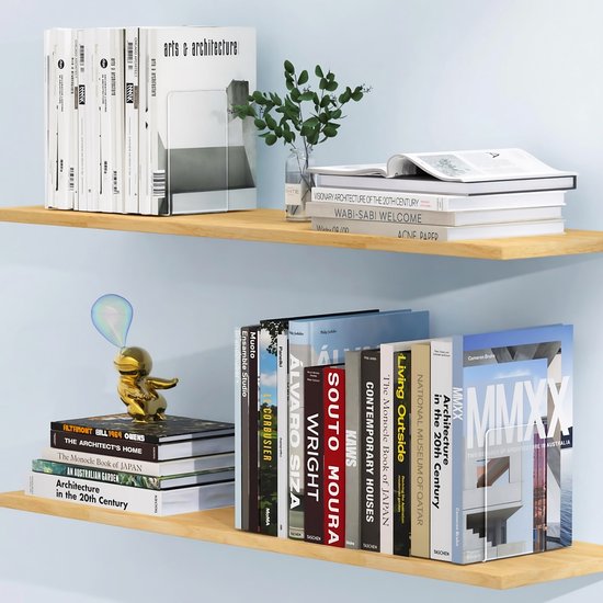 Transparante acryl boekensteunen die boeken op twee houten planken organiseren.