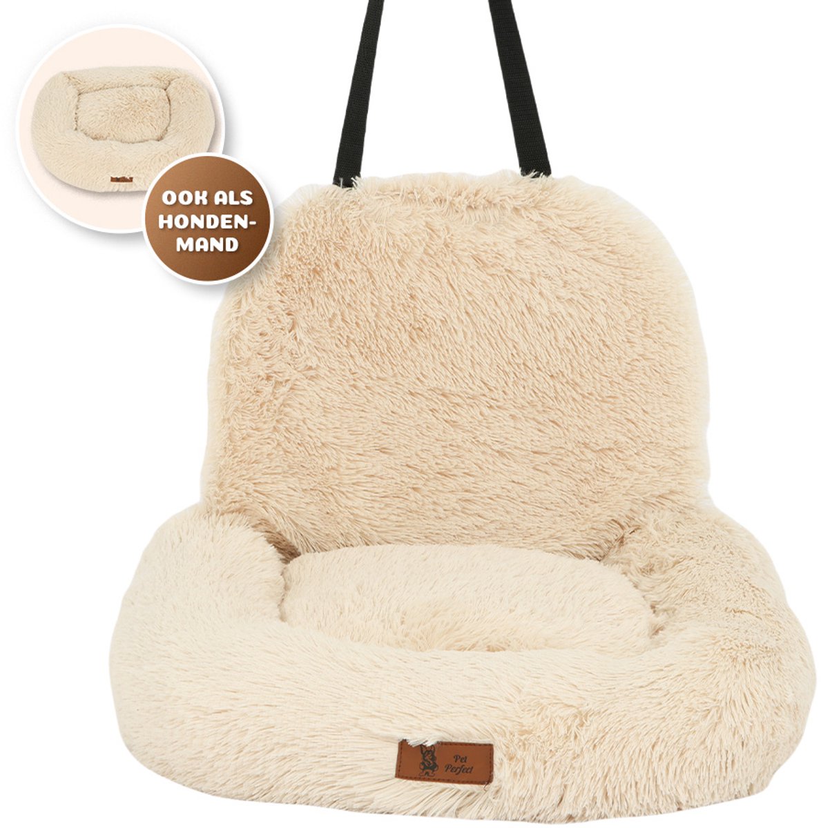 Pet Perfect Fluffy Autostoel Hond – Hondenmand Auto – Honden Autostoel - Automand Hond - Wasbaar – Beige - 2-in-1 - Small