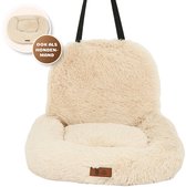 Pet Perfect Fluffy Autostoel Hond – Hondenmand Auto – Honden Autostoel - Automand Hond - Wasbaar – Beige - 2-in-1 - Small