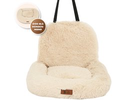 Pet Perfect Fluffy Autostoel Hond – Hondenmand Auto – Honden Autostoel - Automand Hond - Wasbaar – Beige - 2-in-1 - Small