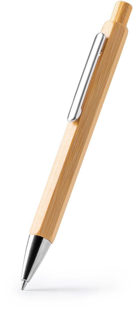 10 Balpennen met zeshoekige behuizing van bamboe en Chromen drukknop en clip. Model Alister. Blauwe inkt.
