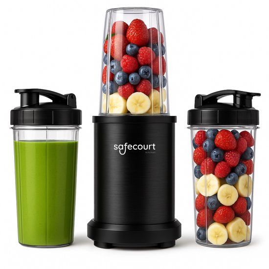 Safecourt Kitchen Power Blender – 1200W – Smoothie Maker voor IJs & Bevroren Fruit – BPA-vrij – To-Go Beker – Zwart