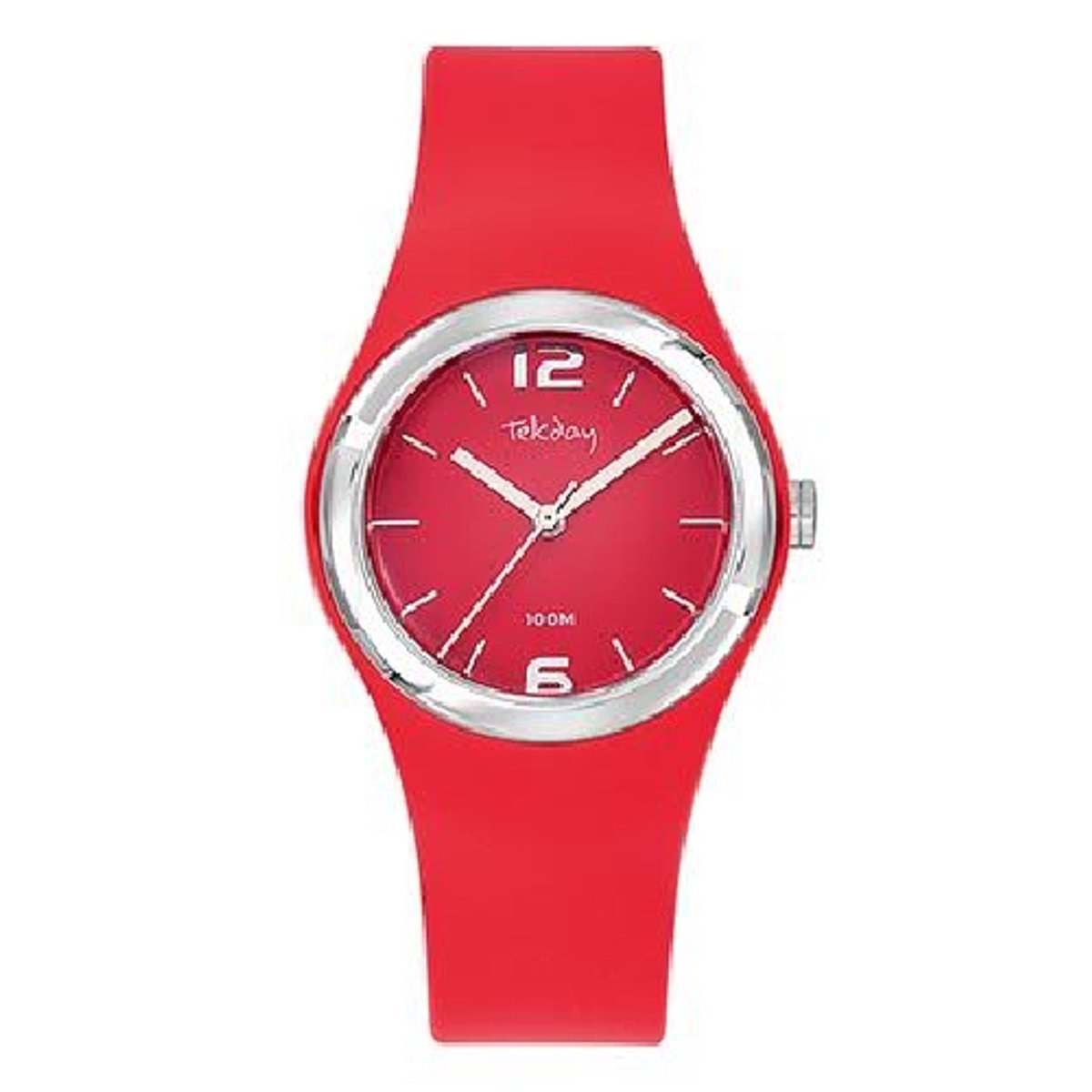 Tekday-model 654861-Dameshorloge-rood-zilverkleurig-10 atm waterdicht-zwemmen-sporten-diameter 33 mm-hoog draagcomfort
