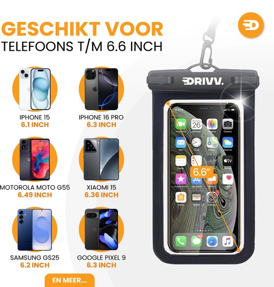Zwart Drivv. telefoonhoesje met scherm dat compatibel is met telefoons tot 6.6 inch, waaronder iPhone, Samsung en Google Pixel.