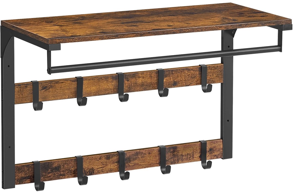 Vasagle Kapstok - Kleding Rek - Wand Gemonteerde Kapstok - Wand Gemonteerde Rek - Rek - Rekken - Decoratie - Rekje - Kast - Kastje - Kasten - Plank - Planken - Woonkamer - Keuken - Badkamer - Garderobe - Slaapkamer Bruin