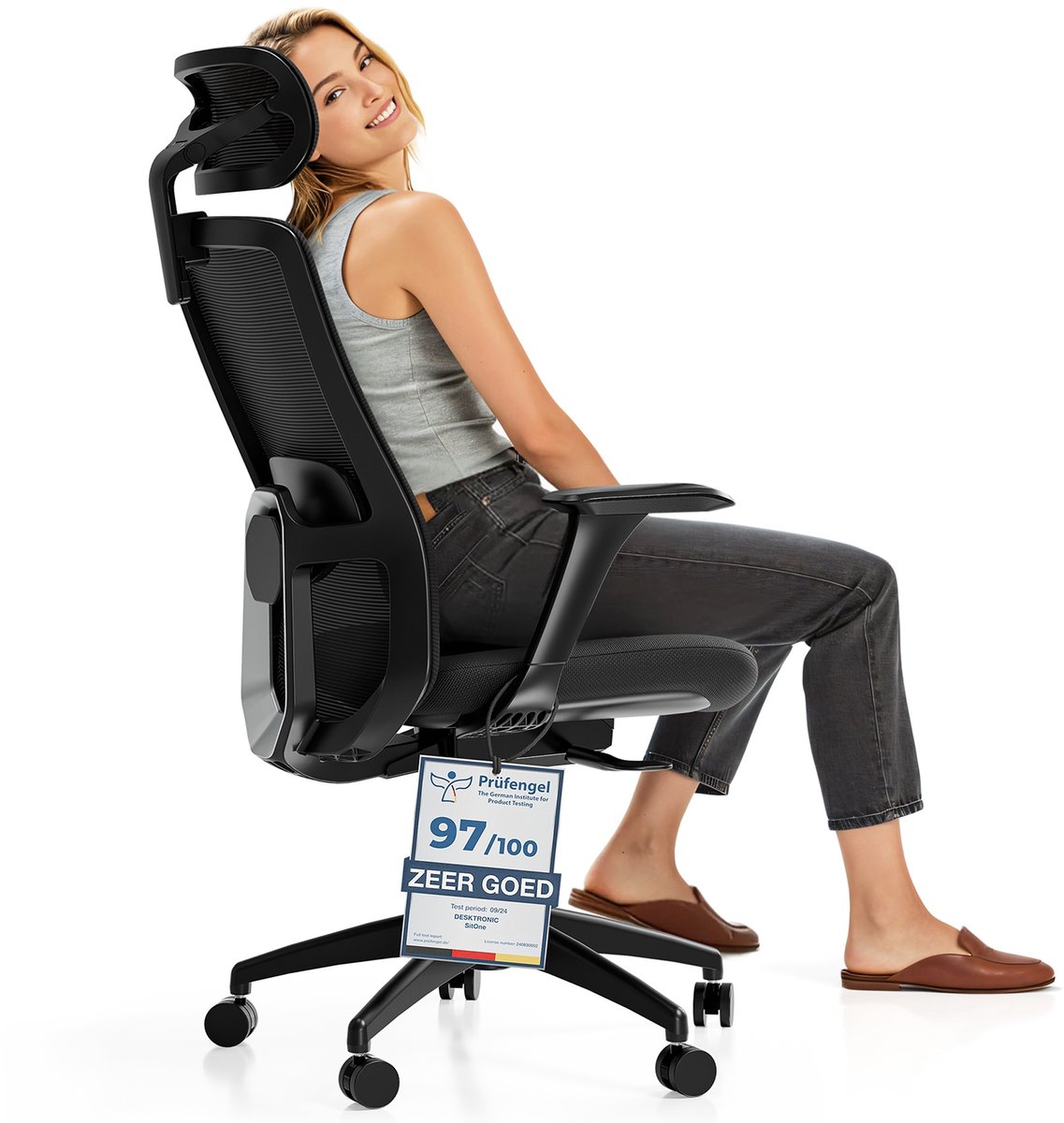 Desktronic SitOne Ergonomische Bureaustoel - Bureaustoelen voor volwassenen - Bureau stoel voor kantoor, gaming - 4D lendensteun systeem - Armleuningen 4D - Rugleuning 98° tot 135° - heeft BIFMA en .IGR ergonomiecertificering - Zwart - Desktronic - €249,99