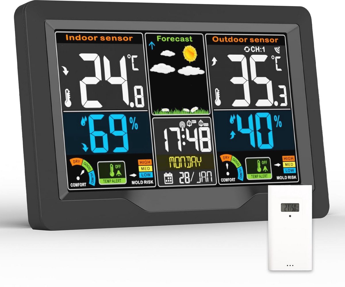 Multifunctioneel Draadloos Weerstation met Buitensensor - Digitale Thermometer en Hygrometer voor Binnen en Buiten