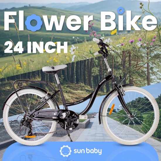 Flower Bike Kinderfiets 24 inch meisjes van 8 tot 12 jaar, Zwart, Fiets voor een meisje met 7 versnellingen, bagagedrager, metalen spatborden, V-brake, kettingkast — afbeelding 2