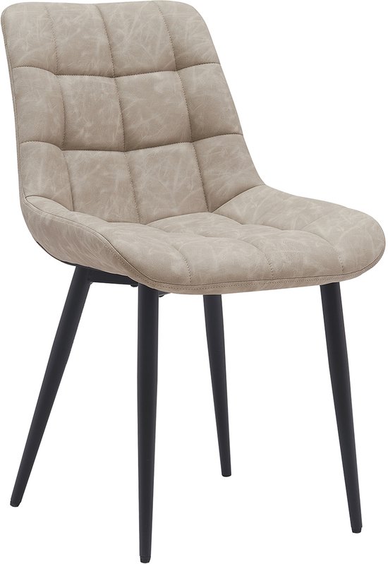 Beige eetkamerstoel met gestikt zitvlak en rugleuning, en zwarte poten.