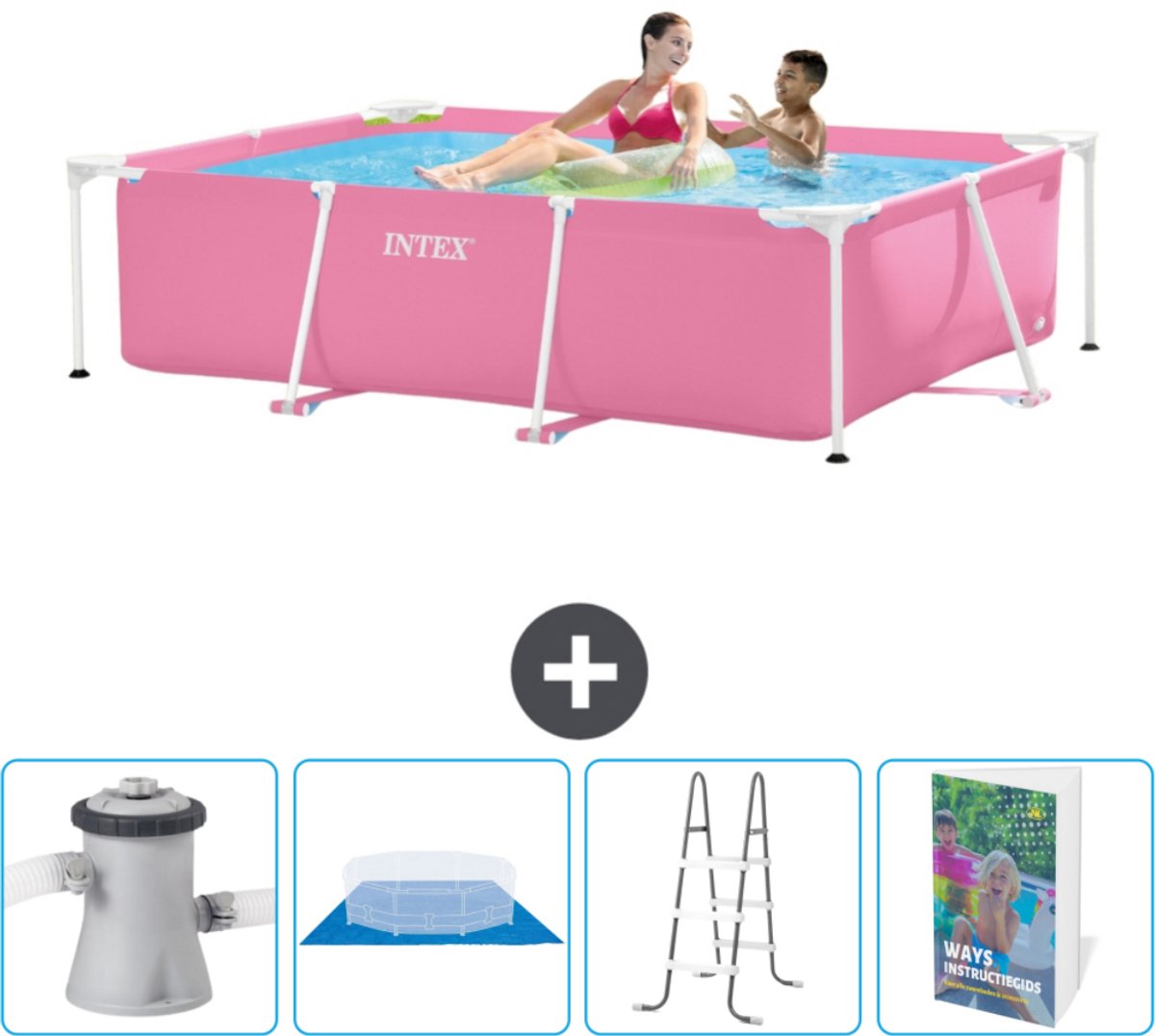 Intex Rechthoekig Frame Zwembad - 220 x 150 x 60 cm - Roze - Inclusief Zwembadfilterpomp - Grondzeil - Ladder - Zwembadgids