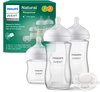 Coffret Cadeau Biberons Philips Avent Natural Response avec trois biberons en verre et deux tétines.