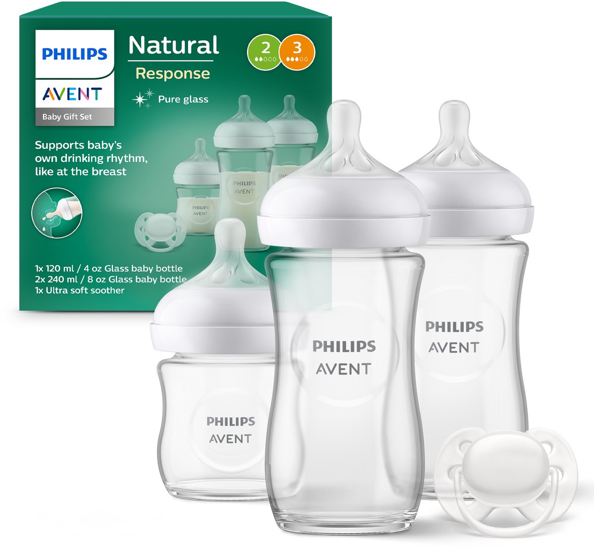Philips Avent Natural Response Glazen Fles - Cadeauset voor pasgeboren baby's SCD878/11