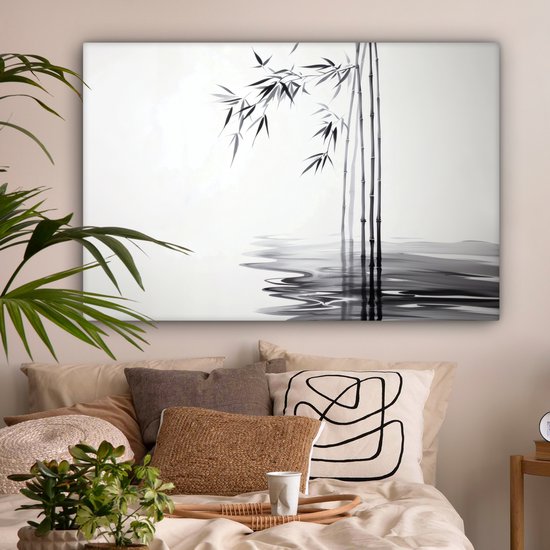 Tableau sur toile 120x80 cm - Décoration murale exclusive Tiges de bambou - Eau - Minimaliste - Wit - Décoration murale salon - Décoration chambre à coucher - Accessoires de chambre - Tableaux sur toile