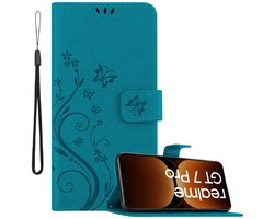 Cadorabo Hoesje geschikt voor Realme GT7 Pro in BLOEMEN BLAUW - Beschermhoes in bloemmotief met magnetische sluiting, standfunctie en kaartsleuven Book Case Cover Etui