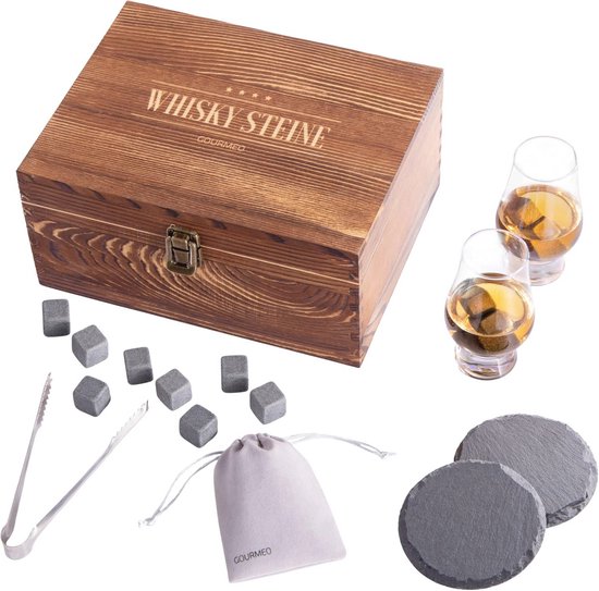 Whiskey Stones cadeauset met 2 glazen, handgemaakte geschenkdoos, 8 granieten whiskyrocks en fluwelen zakjes, herbruikbare ijsblokjes, cadeau voor hem, getuige of vader