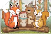 Vrolijke bosdieren op een rij - Dieren tuinposter - Tuinschilderij natuur - Digital Art - Schutting poster - Duurzame tuinposter - tuinposter 90x60 cm