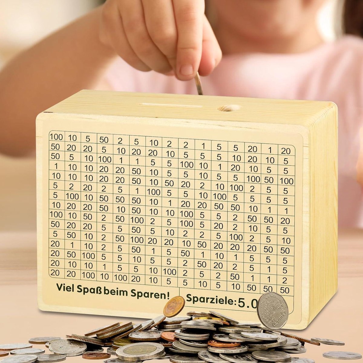 Qetlavee Sparbox met spaardoel, spaarpot van hout met 10 stickers met verschillende bedragen, spaarpot van hout, cijfers om aan te kruisen, voor volwassenen en kinderen