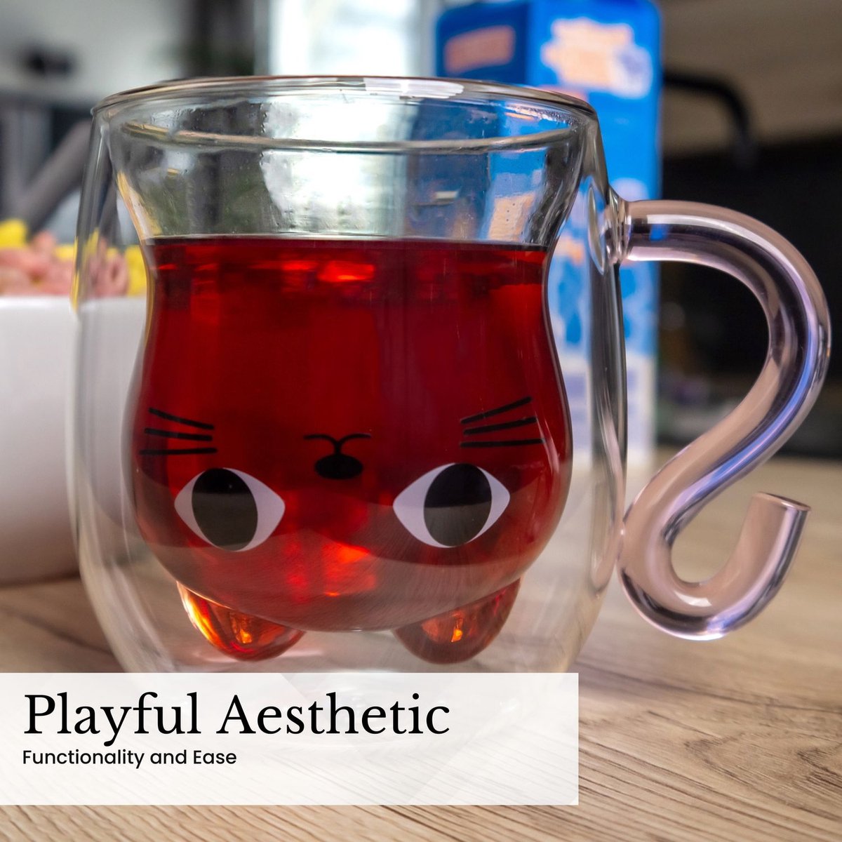 Intirilife thermo glas dubbelwandig met kat design in roze - 200ml inhoud - geïsoleerde glazen mok hittebestendig voor koude en warme dranken koffie kop thee kop drinkglas — cadeau in Koken & Dineren - foto 3