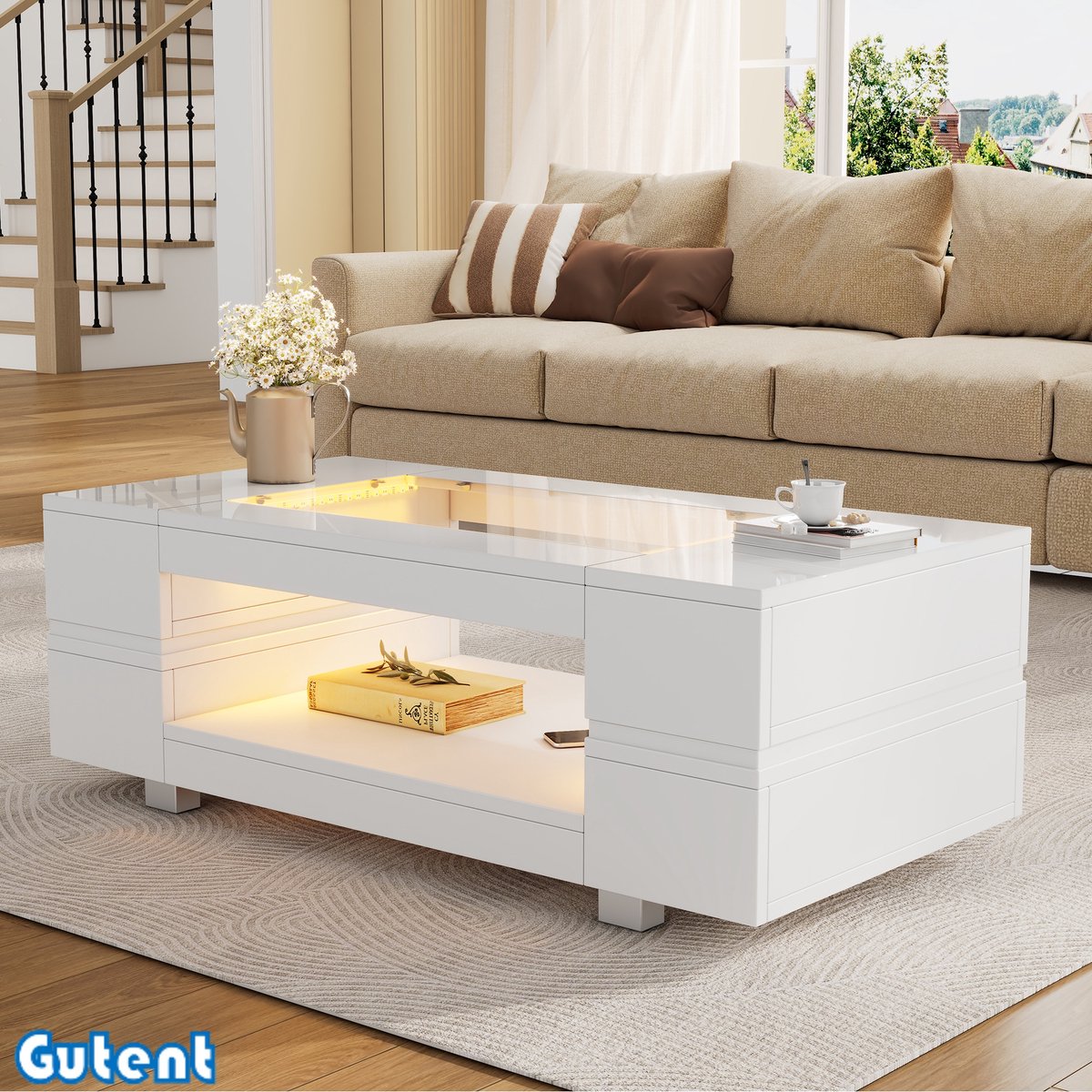 Gutent Salontafel - Wit - LED salontafel - met Bluetooth app-bediening