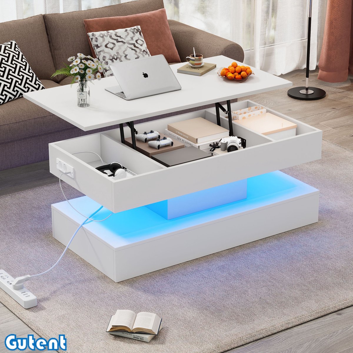 Gutent Salontafel - met LED Verlichting - Verborgen Opbergruimte - met Hydraulisch Hefmechanisme - 100*50*42 cm - Wit