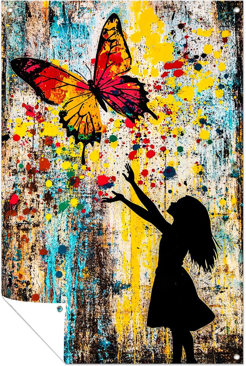 Kleurrijke vlinder en silhouetmeisje - Vlinder tuinprints - Tuinschilderij meisje - Street