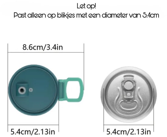 Afmetingen van de dop: 8.6cm breed, 5.4cm diameter. Past op blikjes met 5.4cm diameter.