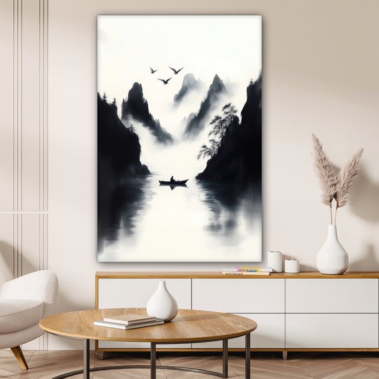 Tableau sur toile 80x120 cm - Décoration murale exclusive Bateau à rames - Brumeux - Montagnes - Vogels - Décoration murale murale salon - Décoration chambre - Accessoires chambre - Peintures sur toile