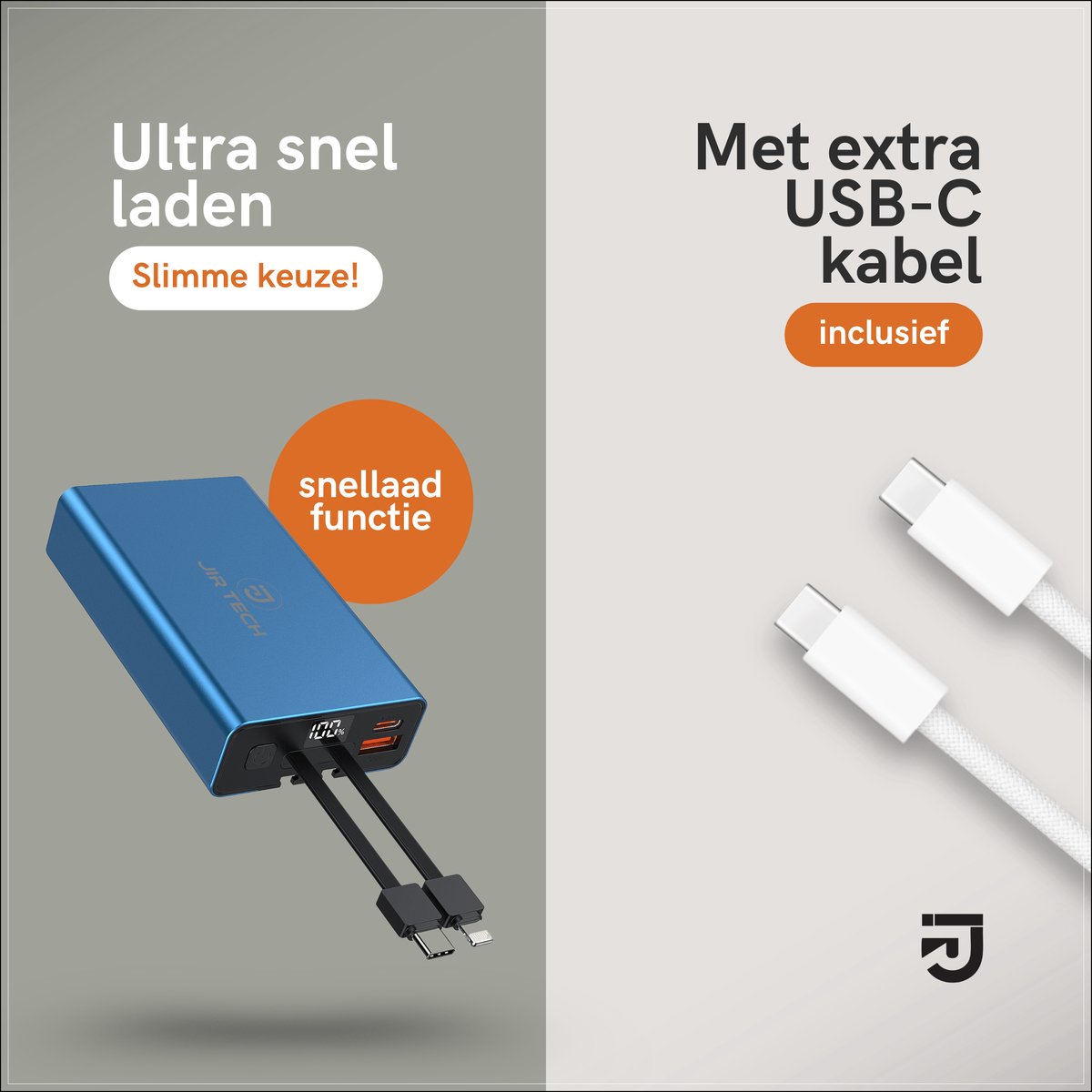 JIR Tech 10000 mAh Powerbank met Ingebouwde Kabels - afbeelding 3