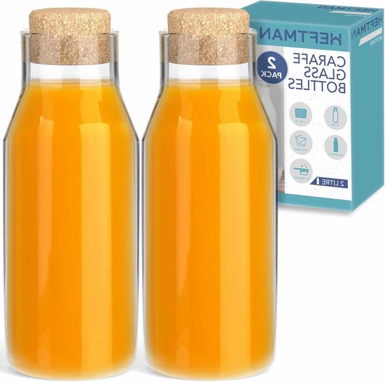 Decanter - 2 Litre Glass Bottles with Cork Lid for Hot and Cold Drinks