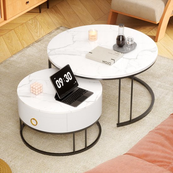 HAUSS SPOLE salontafel rond 2-delige set – wit marmer – met lade
