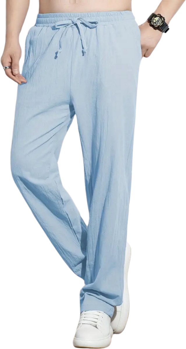 Bovista Linnen Broek Heren Zomerbroek Volwassenen Lange Broek Pantalon Strandbroek Zomer Ibiza Stijl Hemelsblauw