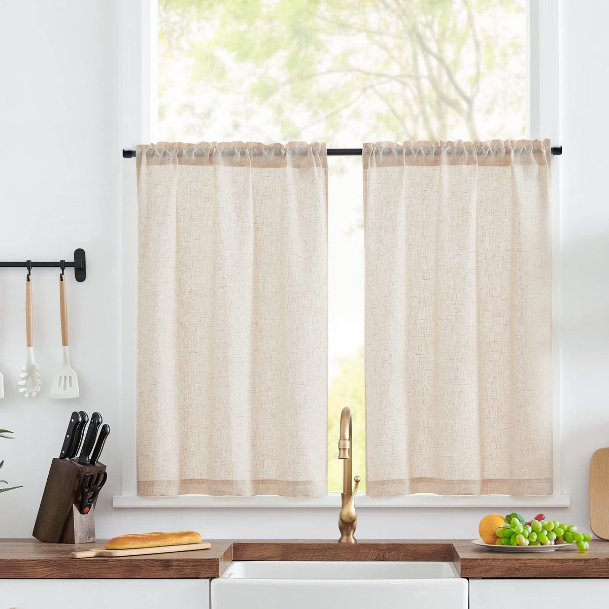 Ibenzoa® Stijlvolle Semi-Transparante Linnenlook Gordijnen voor Keuken en Balkon, Set van 2, 65 x 90 cm