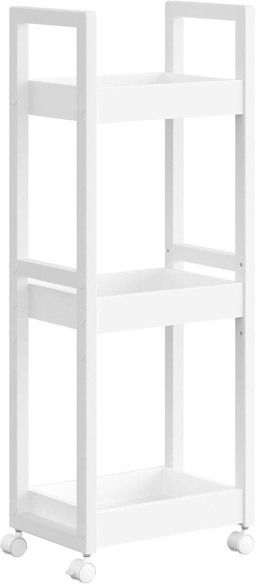 SONGMICS trolley, badkamerplank, badkamerplank met 3 niveaus, nisplank bamboe, smalle plank, niswagen op wielen, ruimtebesparend, 20 x 30 x 80 cm, wit