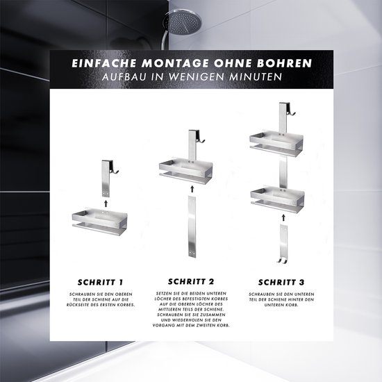 Illustratie van de eenvoudige montage van het zilverkleurige doucherek zonder boren.