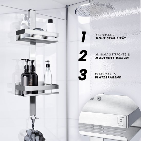 Douche organizer met 2 niveaus, zilverkleurig metaal. Bevat dispensers en hangertjes.