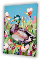 Kleurrijke eend in bloemenveld - Eend muurdecoratie - Muurkunst dier - Pop Art - Muurdecoratie klassiek - Canvas schilderij woonkamer - canvas 30x45 cm