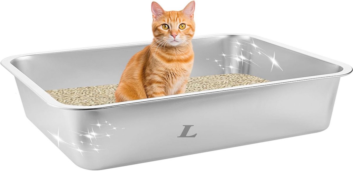 Hoge Zijde Roestvrij Staal Kattenbak - Groot 60x40x10 CM - Gemakkelijk Schoonmaken, Anti Lekkage en Niet Stick